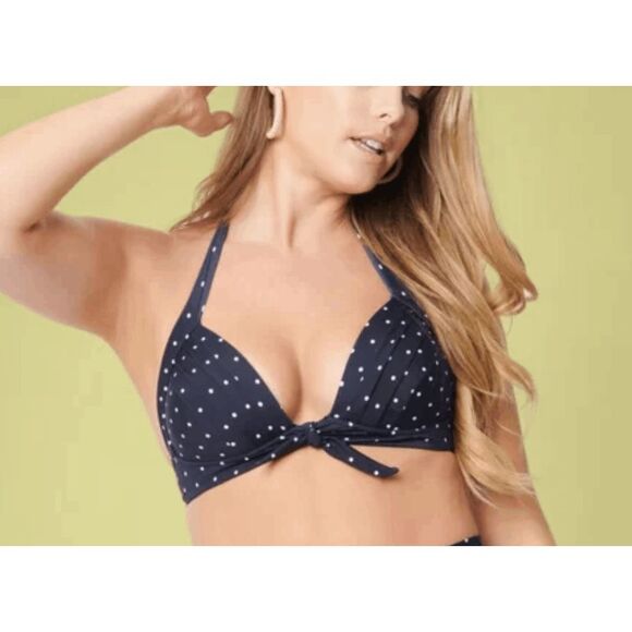 Unique Vintage Monroe Swim Top | L | Navy & White Pin Dot | Halter | Retro Pin-U - Picture 1 of 4